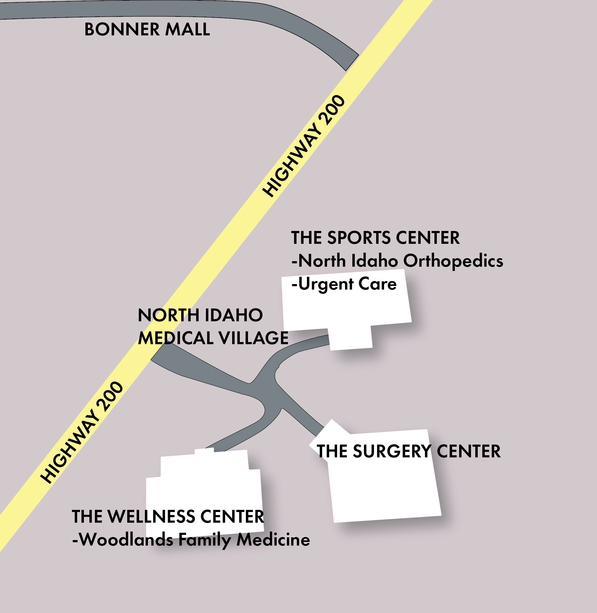 Map depicting the buildings and clinics. NIOUC has walk in options.